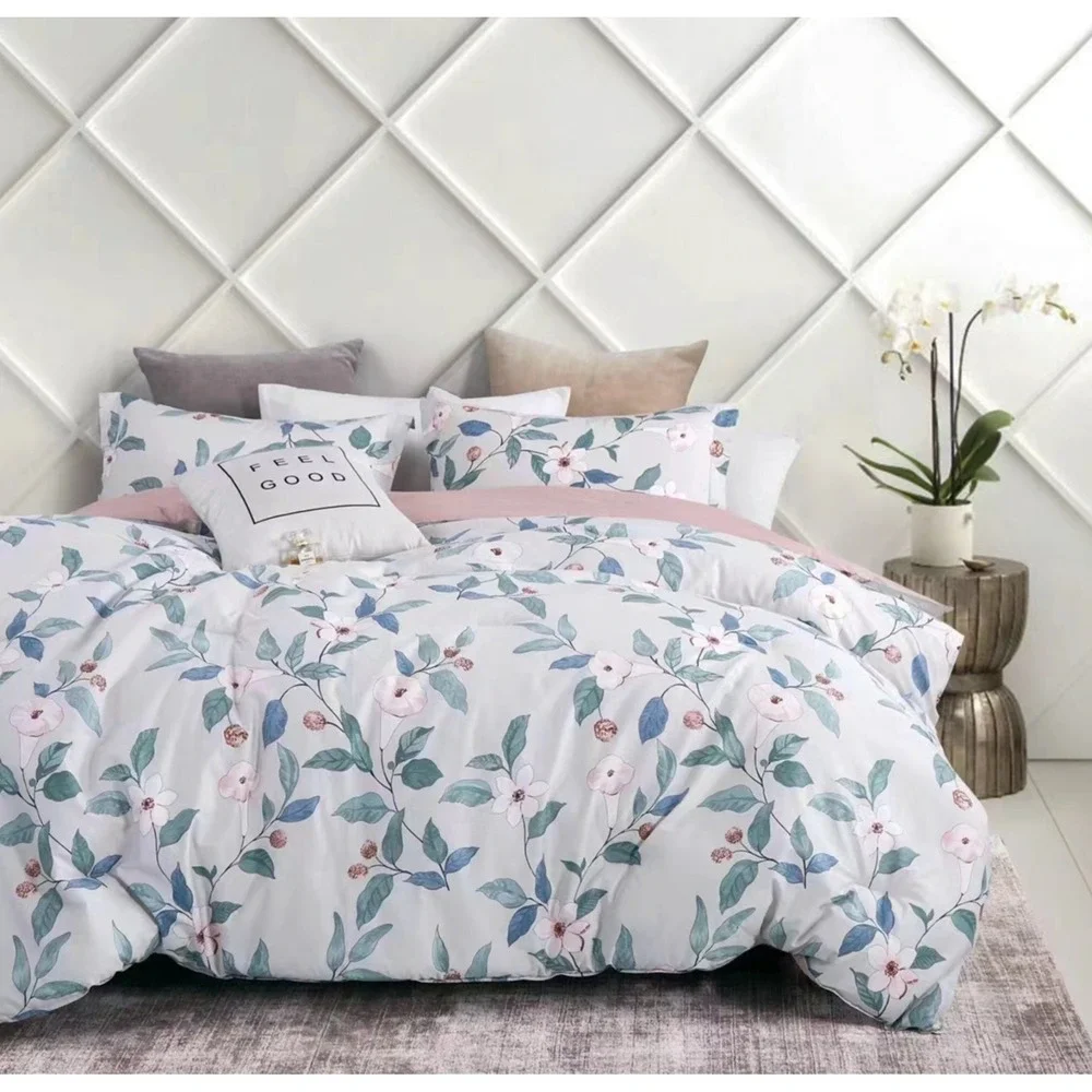 Tess‎ Red Gray Floral 100% Cotton Reversible Comforter Set King Cottage Romantic